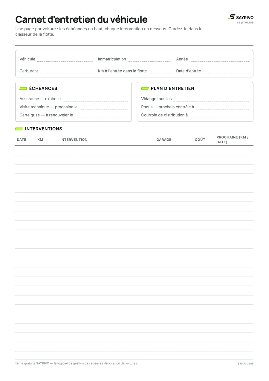 Carnet d'entretien du véhicule