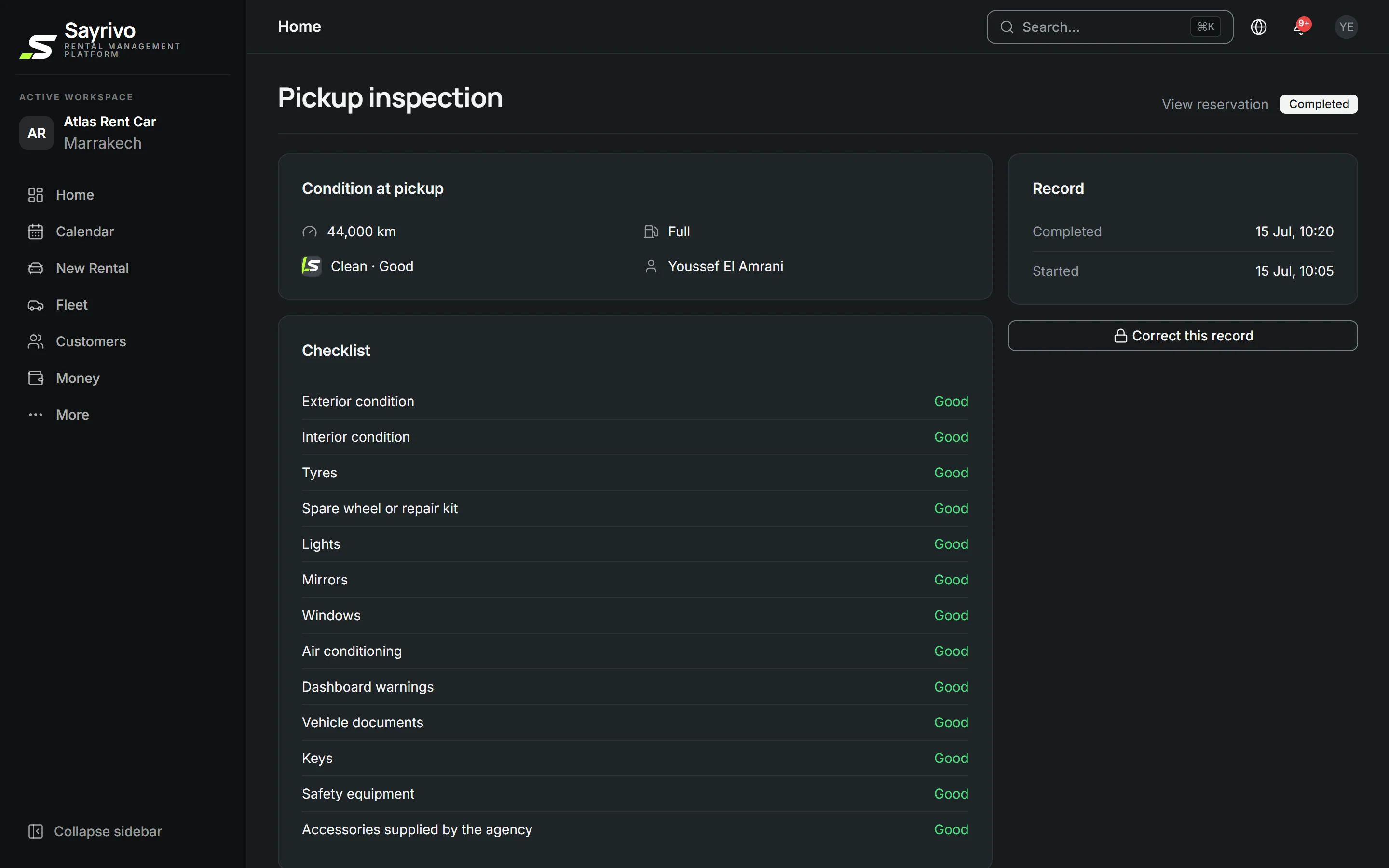 A completed pickup inspection in SAYRIVO: mileage, fuel, checklist