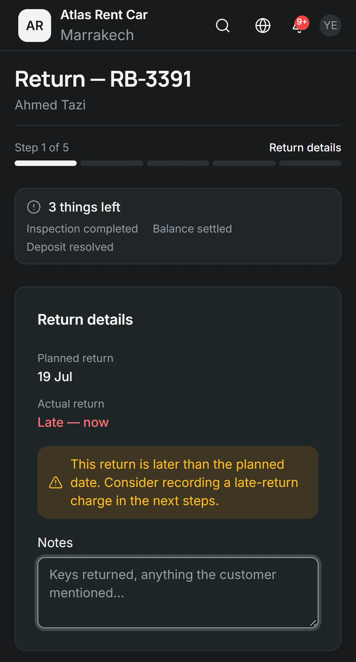 Return — Photos, damage, mileage.
