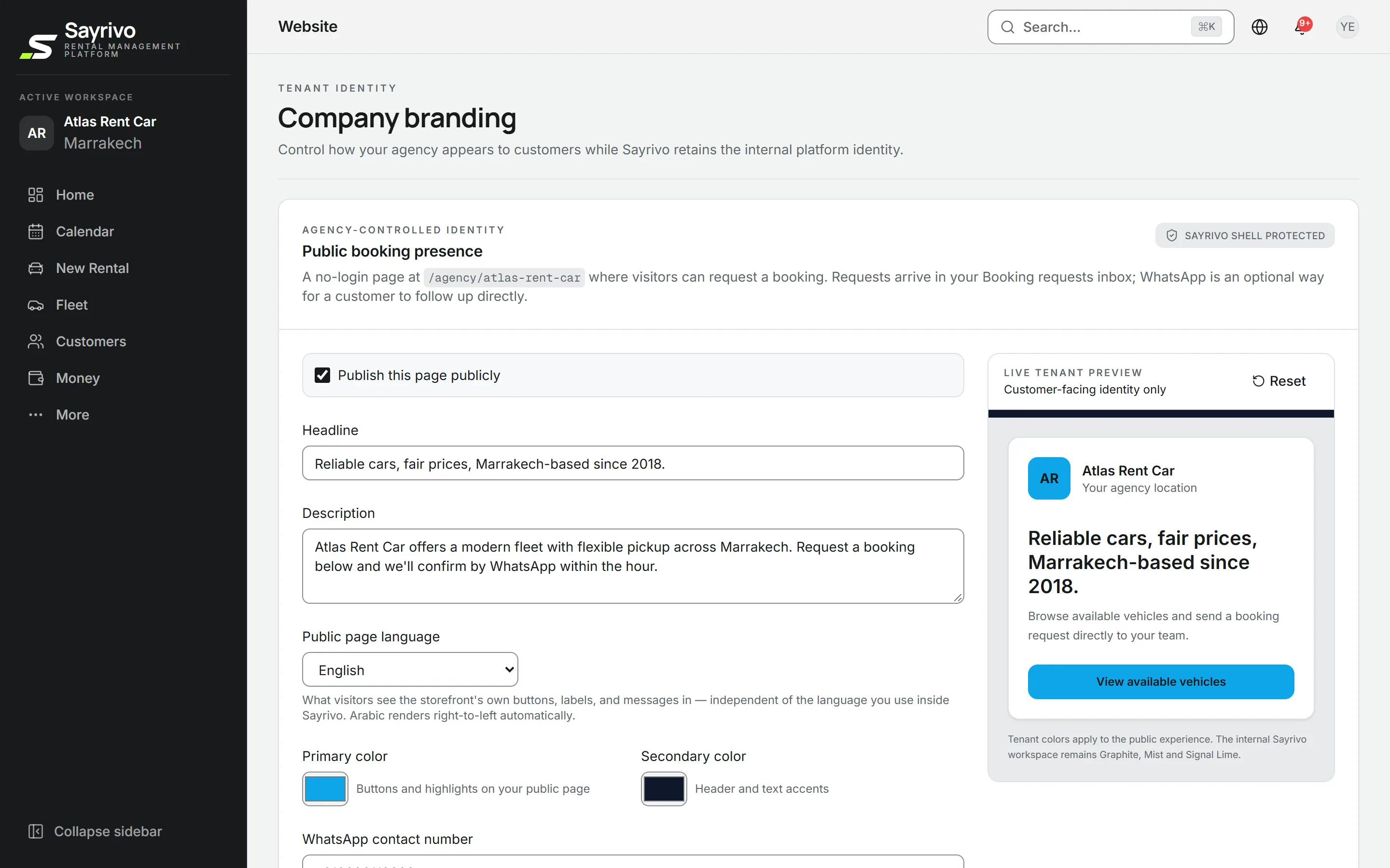 Booking page settings in SAYRIVO, with a live preview