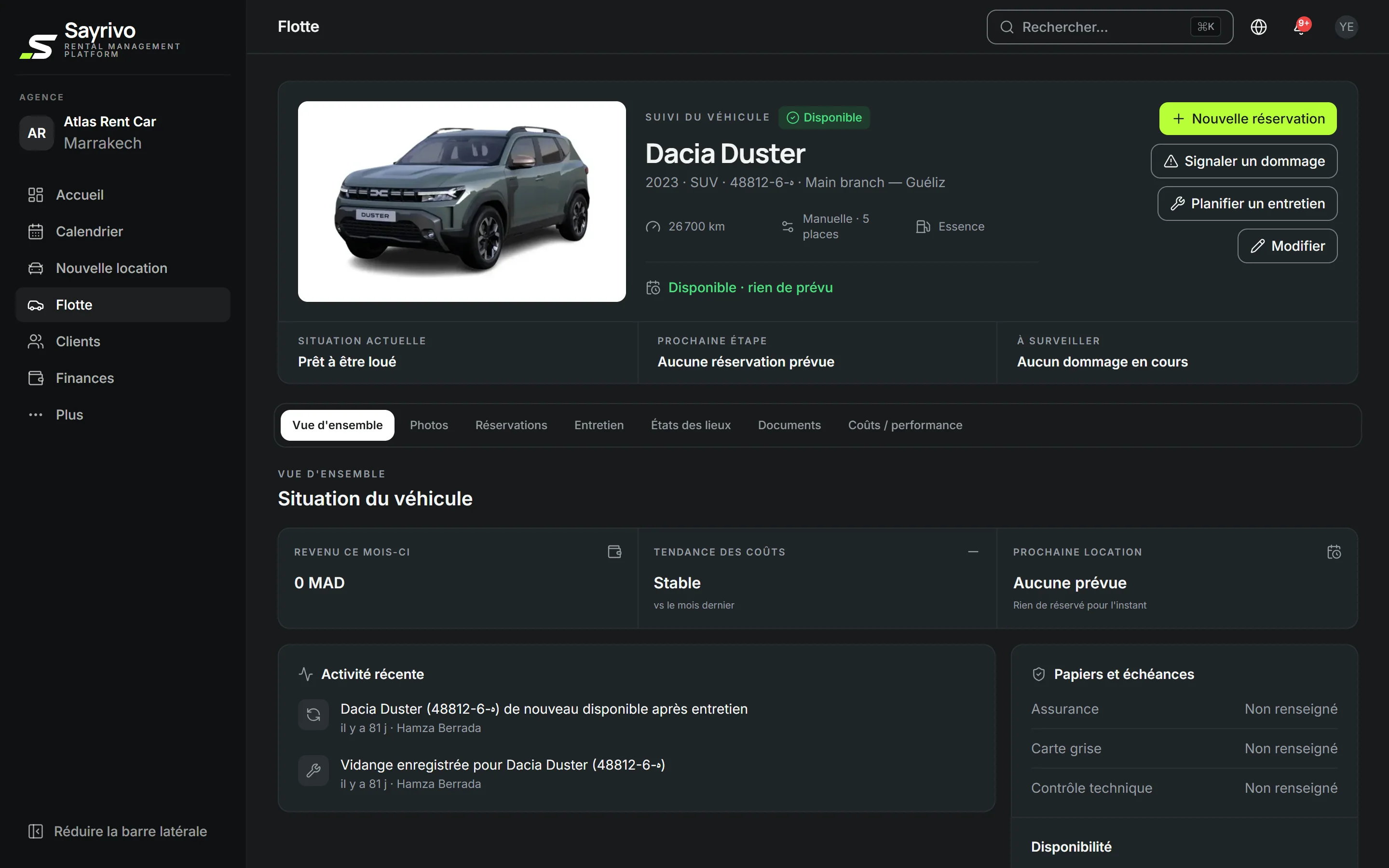 Fiche du Dacia Duster dans SAYRIVO : situation, prochaine étape, papiers